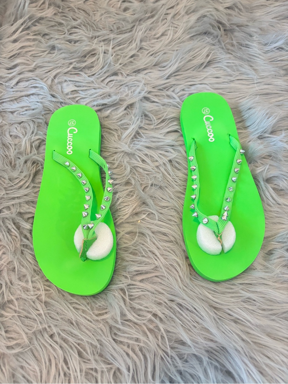 Cuccoo Neon Green Spiked Studded Flip Flop Sandals